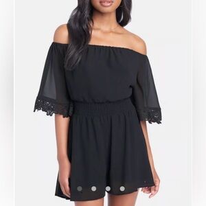 bebe Off Shoulder Lace Detail Romper